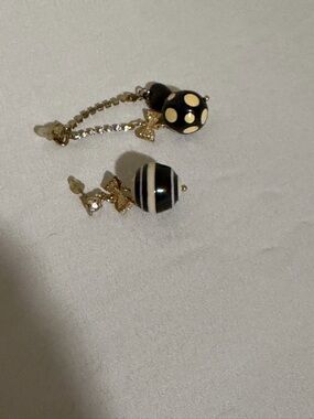 Mismatched Black & Cream Drop Earrings with Gold Accents Betsey Johnson style